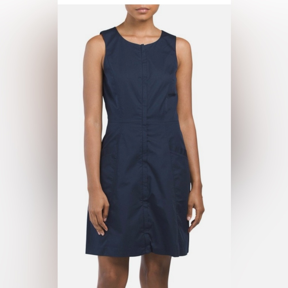 Theory Navy Cotton Poplin Sleeveless A-Line Dress Hidden Zip Front Size 6